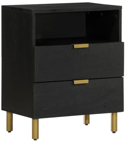 HETFTJN Comodino nero 50 x 33 x 62 cm in legno e legno massello di mango, tavolino moderno con 2 cassetti, stabile console notturna per camera da letto e soggiorno