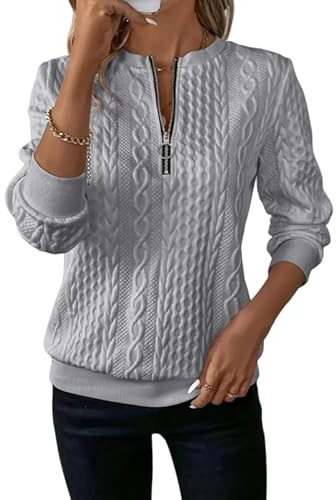 Sukiglam Sweatshirt Damen Half Zip Pullover mit Zopfmuster Elegante Langarmshirt Basic Sweatshirts Ohne Kapuze Casual Langarm Stricken Oberteile Lockere Sweatjacke Tunika Top Warm Pulli Herbst Winter