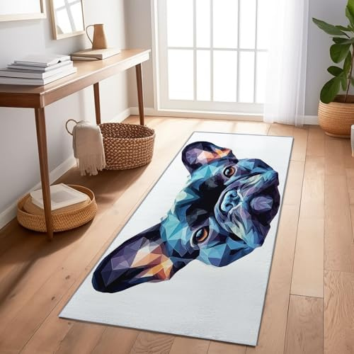 Geometrisch Abstrakt Französische Bulldogge Teppich Läufer für Küche, 60 x 180 cm Weiß rutschfest Flur Kurzflor Läufer, Waschbar Weich Langer Teppich für Schlafzimmer Wohnzimmer Büro Korridor