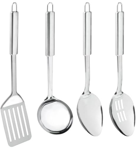4 Pcs Stainless Steel Kitchen Utensil Set - Premium Cooking Utensils with Slotted Spoon, Soup Ladle, Serving Spoon & Slotted Spatula - Kitchen Cooking Turners Essentials Dishwasher Safe