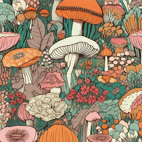 ANBILILA Papier Peint Autocollant, Vintage Boho Champignons Fleurs Peler et Coller Papier Contact, 44x500CM Motifs Artistiques Rétro Papier Peint Amovible Décoration Autocollant pour Mur