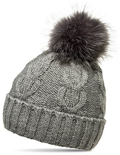 Caspar MU175 Damen Winter Mütze Strickmütze Bommelmütze mit großem Fellbommel, Farbe:grau, Größe:One Size