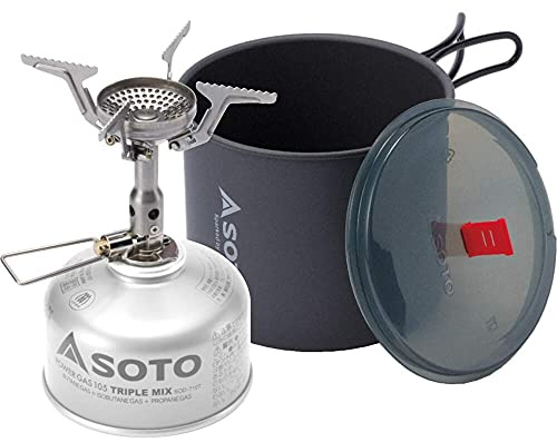 SOTO Amicus Gaskocher Set mit New River Topf 1 L – Outdoor Camping Kochset, 222 g, Schraubkartuschen-Kocher + Aluminium-Topf, Einsteiger-Set für Trekking & Backpacking