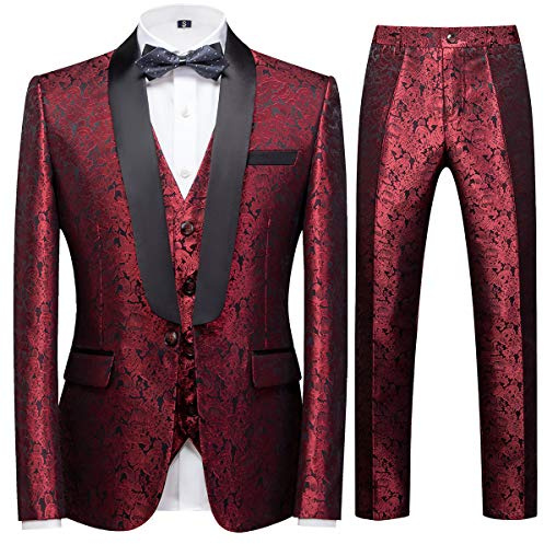 Sliktaa Costume 3 Pièces Homme Jacquard 1 Bouton Smokings Châle Revers Mariage