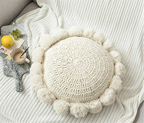 Nicole Knupfer Runde Boho Kissen mit Pompoms, Makramee Kissen Bodenkissen Gewebt Dekokissen Rund, Sitzhocker, Sitzkissen Zuhause Sofa Dekor (Beige)