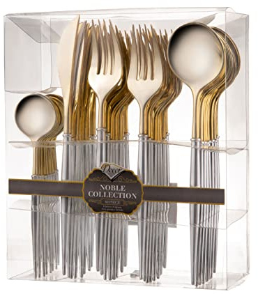 Decor Decorline - Wiederverwendbare Robust Plastikbesteckset - 40 Teilig - mit je 16 Gabeln, 8 Messern, 8 Löffel und 8 kaffee/Teelöffel - Noble Collection - Oberteil: Glänzendes Gold - Griff: Silber