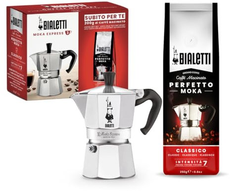 Bialetti Caffettiera Moka Express 3 Tazze, più una confezione da 250g di Perfetto Moka Classico Bialetti, Non adatta a induzione, 3 Tazze (130 ml), Alluminio