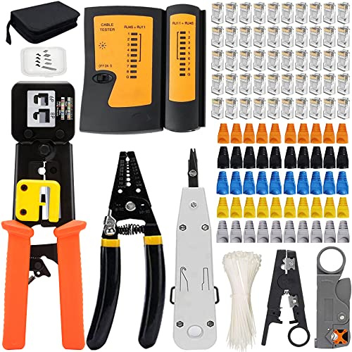 OKVNUO Pelacables Alicates de RJ45 CAT5 CAT6 Herramientas de Reparación de Red Comprobador de Cable 4P/6P/8P RJ11 RJ12 CAT5E Crimpado para Profesional Mantenimiento LAN Tester (Azul)