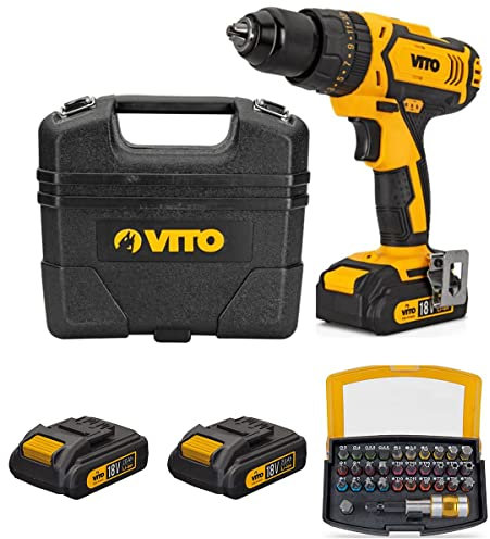 VITO - Perceuse sans fil 18V 2 batteries Lithium 2Ah + Chargeur + Coffret de vissage 32 pièces