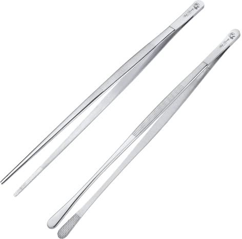 Wishbeauty Multipurpose Cooking Tweezers Tongs 2 Pack 12-inch Stainless Steel Straight Tweezers - Extra Long Kitchen Food Tweezers Tongs for BBQ Grilling Cooking Roasting and Serving