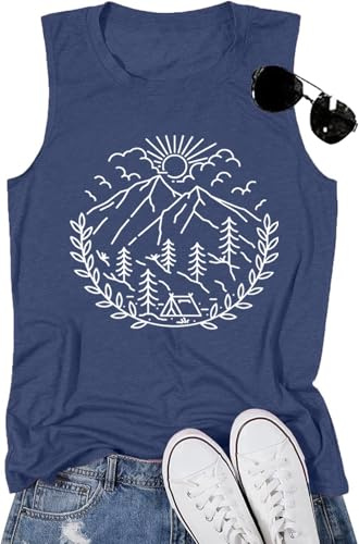 Womens Summer Tops Funny Hiking Camping Mountain Graphic Tank Causal Oudoor Travel Athletic Workout Sleeveless Shirts Cotton Loose Fit Top-M (Navy Blue)
