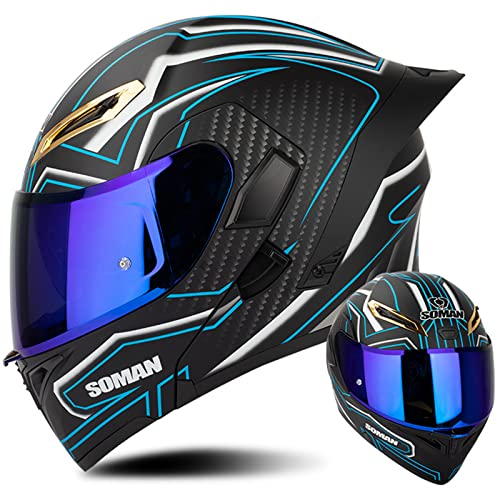 Modularer Motorradhelm, Klapphelm Flip Up Front Motorrad Sturzhelm, DOT/ECE Genehmigt für Frau Männer mit Doppeltem Sonnenvisier Farblinse Motorrad Roller Vollgesichtshelme,Schwarz Blau-L(59~60cm)
