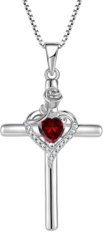 FJ Collier Croix pour Femme Argent Sterling 925 Collier Grenat Pendentif Pierre de Naissance Janvier Collier Fleur de Rose Bijoux Cadeaux pour Femme Fille