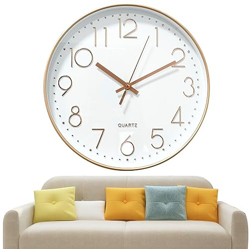 Chedin 30cm Rund wanduhr ohne tickgeräusche Modern Quarz Wanduhr Ohne Tickgeräusche,Wanduhr Kinder,Wanduhr Groß,Uhrwerk für Wanduhr Lautlos (weiß/Roségold)