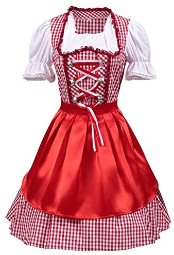 Damen Dirndl Midi Trachtenkleid 2 Teilig Dirndlkleid Trachten Kleid + Dirndlbluse Rot Kariert Dirndel Trachtenmode Dirndelkleider Dirndl & Dirndl-Sets für Damen Mädchen Oktoberfest