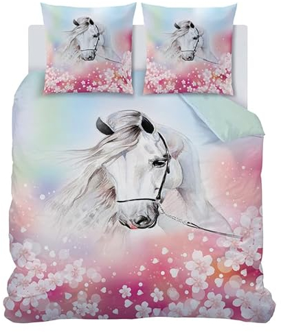 SYHIEGO Pferd Bettwäsche 135x200 Mädchen Mikrofaser Kinder-Wende-Bettwäsche-Set mit Reißverschluß, Bettbezug 2 Teilig Set Kuschel 3D Muster Deckenbezug mit 1 x Kissenbezug 50x75cm