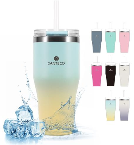 SANTECO 590ml Stainless Steel Travel Coffee Mugs with Lids and Straw, Double Wall Vacuum Insulated Coffee Flask with BPA-Free Keeps Hot and Ice Coffee or Tea, Yellow