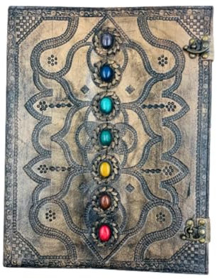 OVERDOSE Leder-Tagebuch, handgeprägt mit sieben Steinen, handgefertigtes Vintage-Papier mit Büttenrand, Buch der Schatten, Grimoire – Größe 25,4 x 33 cm | 25 x 33 cm