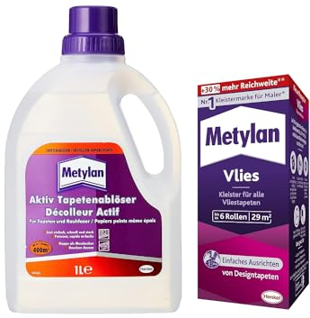 Metylan Vlies, Tapetenkleister für Vliestapeten, Kleister mit hoher Ergiebigkeit (1x180g) & Metylan Tapetenablöser Aktiv-Konzentrat, löst schnell und problemlos (1x 1l)