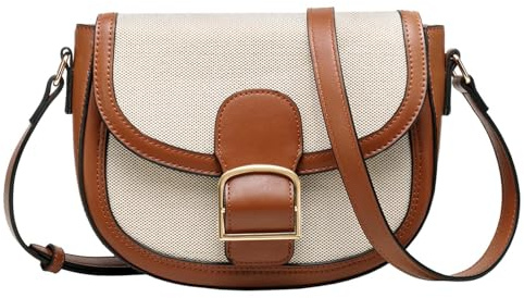 Kasgo Umhängetasche Damen, Vegane Leder Handtasche Kleine Schultertasche Retro Satchel Tasche Crossbody Bag für Frauen mit verstellbarem Gurt Weiß und Braun