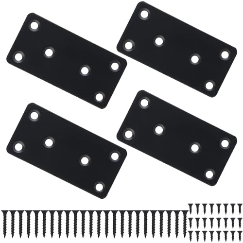 EVCUHASL Metal Steel Flat Straight Brace Bracket, Black Double-Wide Joining Plate for Wood Furniture Fastening & Fixing with 2 Sets of Screws of Different Lengths (40x80mm, 4 Pack)