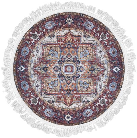 Mazovia Teppich Rund Orientalisch Vintage - Waschbar rutschfest - Weich Traditioneller Teppich für Wohnzimmer Orientteppich - Fußbodenheizung geeignet - Rot Braun 160 x 160 cm