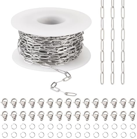 Bestewelry 10m 304 Stainless Steel Paperclip Chains Soldered Link Chain Necklace Chain with Lobster Claw Clasps Jump Rings for Jewellery Making