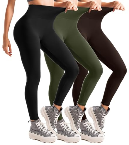 Leafigure Leggings Damen High Waist, Leggins Blickdicht für Sport Gym Yoga 3er Pack Schwarz/Grün/Dunkelbraun L-XL