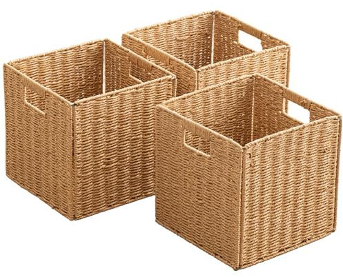 Foldable Storage Baskets with Handles Paper Rope Storage Baskets Rectangle Collapsible Hand Woven Storage Cubes Bins for Organizing Shelves Living Room Bedroom Pantry (3, 11'' x 11'' x 11'')