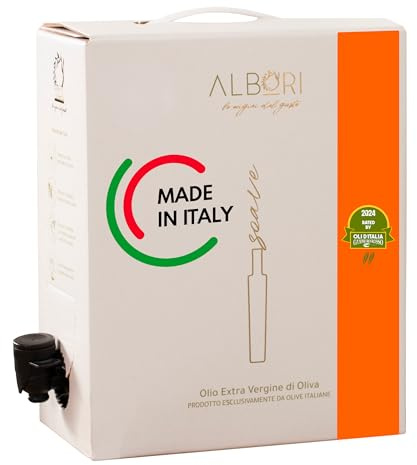 ALBORI Soave - Olio Extravergine di Oliva Italiano 3 Litri NUOVO 2025/2026 Estratto Freddo, Olio di Oliva con Olive Leccino e Peranzana Delicato per Pesce, Carne, Verdura, Box con Versatore Antispreco