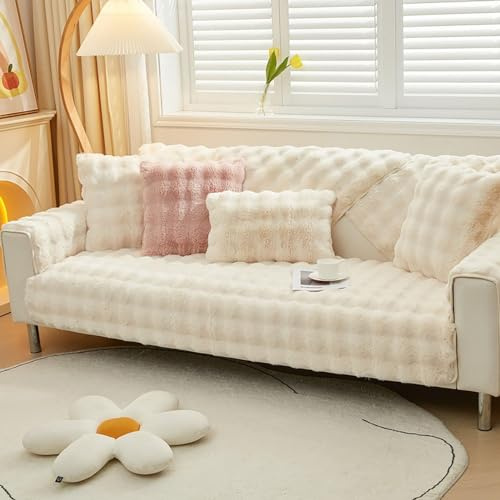 Upgraded Couch Covers- Thick Fuzzy Fleece Non-Slip Sofa Cover,Non Slip Sofa Cover, Autumn Winter Washable Sectional Cosy Plush Couch Cushion Cover for Living Room (Color : Beige, Size : 110 * 210CM)
