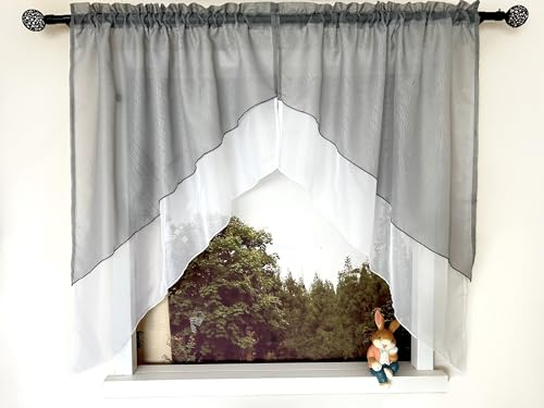 Devola Scheibengardinen 2er Set Doppelschichtige Gardinen Kleinfenster Gardinen Modern Fenstergardinen Kurz Landhaus Küchengardinen Voile HxB 100x90cm*2, Grau