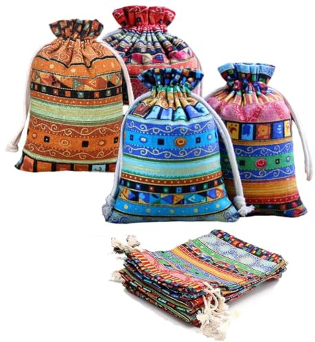 QEDBOJE 20 Pezzi Sacchetto Regalo con Coulisse, in Cotone e Lino e Iuta, Sacchetti in Mussola per Matrimoni, progetti artistici e Mestieri, Regali, Snack e Gioielli, Natale (10x14cm)
