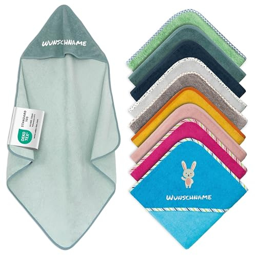 my STITCHERY Kapuzenhandtuch Baby mit Namen Bestickt, Oeko-TEX® Standard 100 - Personalisiertes Babyhandtuch mit Kapuze aus Reiner Baumwolle mit gesticktem Namen und Motiv (Mint, 80 x 80 cm)