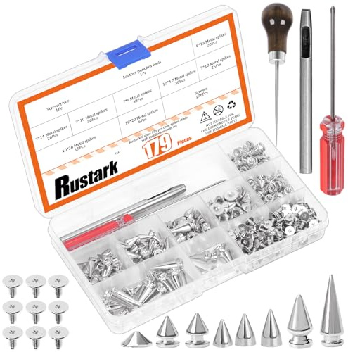 Rustark Juego surtido de 179 piezas de 8 tamaños de puntas y tachuelas de metal plateado con herramientas, remaches punk, remaches de tornillo para accesorios de ropa de estilo punk, decoración de