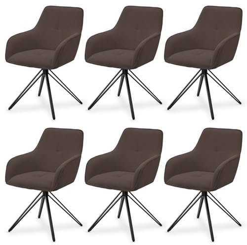Juskys Drehstuhl Clyde mit Armlehne 6er Set - Esszimmerstuhl modern mit Stoff Bezug - Polsterstuhl Esszimmer - 120 kg belastbar - Stuhl Cord Braun