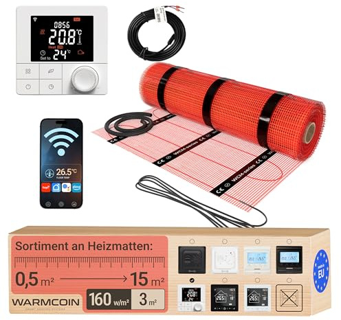 Warmcoin Elektrische Fußbodenheizung Paket 160 W/m² – Fliesen, Laminat & Vinyl – 3,0 m² – W40 WLAN-Thermostat mit komfortabler Temperatursteuerung – Smart Home