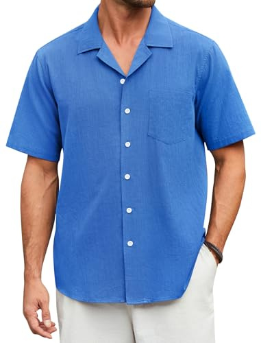 Enlision Camisa Lino Hombre Manga Corta Verano Casual Camisas Azul Hombre Formal Elegante de Algodón Lino con Botónes Regular Fit XL