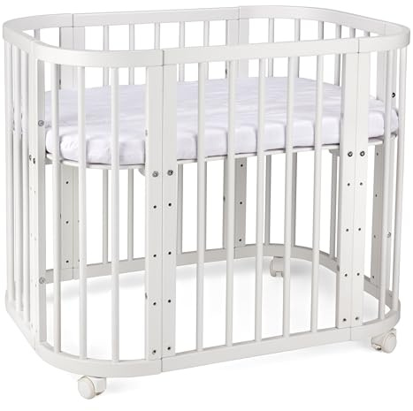 waldin Babybett 5in1, Beistellbett aus Holz, Matratze, Belüftet, Weiß | Belüftet, Boden 5-fach verstellbar, Mitwachsend, Wiegefunktion optional