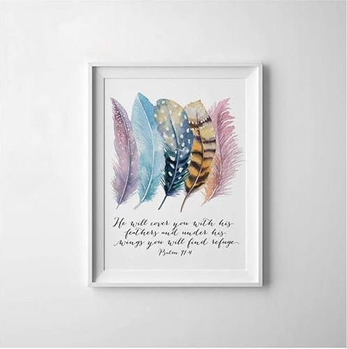 AdoDecor Wandbilder Wohnzimmer, Leinwand Bilder, Bibelvers Psalm 91:4 Poster Bilder Schlafzimmer, Christliches Zitat der Vogelfeder-Schrift Leinwandbilder Zimmer Deko Aesthetic(Gerahmt)