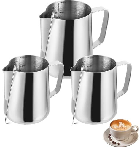 LOPYXBR 3 bricco per latte in acciaio inox da 350 ml + 600 ml con misurazione Mark e Latte Art Pen in acciaio inox per cappuccino, espresso, barista