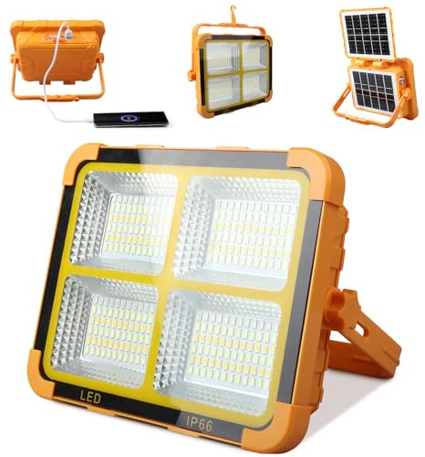 100W Double Solar Portable Work Light, 288 LEDs Rechargeable FloodLights Outdoor with Stand, 4 Light Modes, 12000mAH 10000LM Power Bank Waterproof Spotlight for Repairing, Emergency, Camping