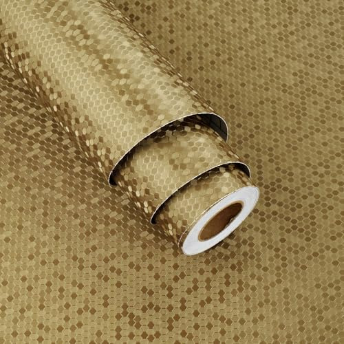 Wallderful Gold Hexagon Metallic Wallpaper Peel and Stick Countertops Waterproof Honeycomb Metallic Contact Paper Textured Fridge Covers Metal Wall Paper for Cabinet Kitchen Backsplash Shelf Liner