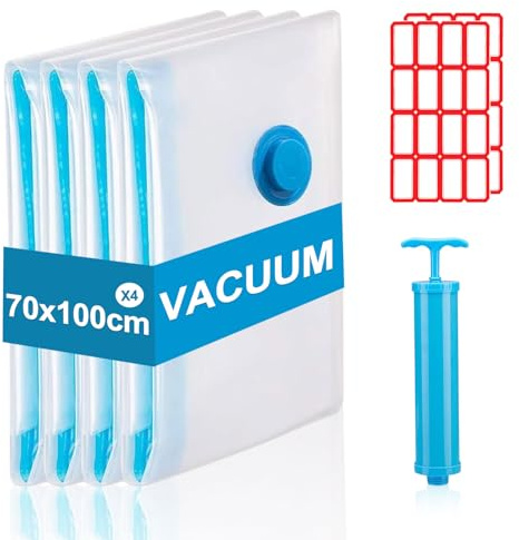 Sacco Sottovuoto da Viaggio,Borse Sottovuoto da Viaggio 70x100cm,4 Pezzi Sacchetti Sottovuoti Zaino,Buste Vestiti con Pompa per Coperte,Piumino,Cuscini,Trapunte,Viaggi