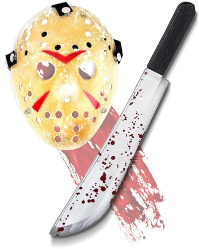 Mega_Jumble Adult Jason Voorhees Mask & Bloody Machete Props - Creepy Halloween Demon Killer Horror Scary Party Fancy Dress Costume