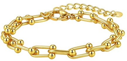 18K vergoldete Chunky Kette Armbänder für Frauen und Männer W: 8mm, L: 6,89 + 1,97 Zoll, glatte Oberfläche Gold Aussage abgeschlossen Link Kette Armband Bold Oval Link Barbell Links Paperclip Ketten