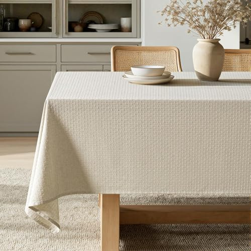 MIULEE Natural Beige Linen Cotton Table Cloth Rectangle Tablecloth Spring Waterproof Spillproof Cross-Star Textured Table Cltoth Decorative Farmhouse Style for Dining Party Weddings 60x84 Inch