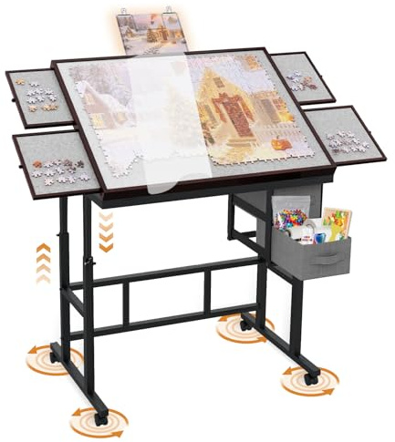 G TALECO GEAR Tavolo puzzle con cassetti × 6, 1500 pezzi Tavolo puzzle regolabile in altezza con cinque angoli di inclinazione per adulti, con cassetti, copertura e ruote per giochi indoor in inverno