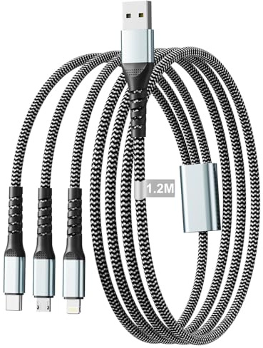Multi Charger Cable 1.2M, 3 in 1 Multi Charging Cable Braided iPhone Charger cable include USB to USB C Charger Cable/Lightning/Micro USB/Type C Lead for iPhone 17 16 15 14 13 X,Samsung Huawei,Android