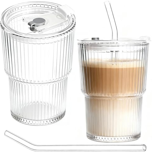 2-Pack 450ml Ribbed Cups with Lids and Straws, Embossed Drinking Set for Iced Coffee, Smoothies, Juice, Water – Reusable Tumbler Set for Home, Office and Gifts